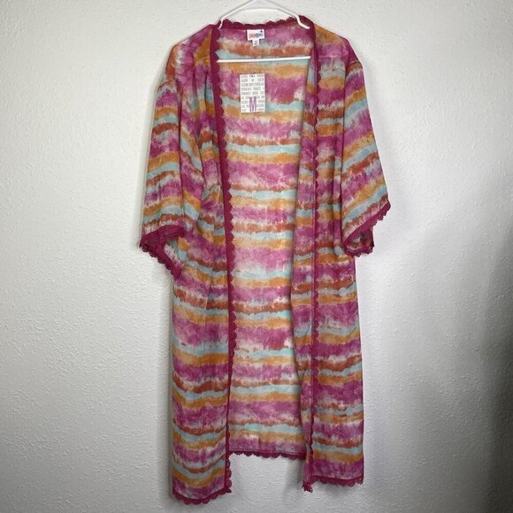 LuLaRoe Tops - LuLaRoe Chloe Sheer Overlay Kimono Beach Cover-Up Size Medium Fringe Pink